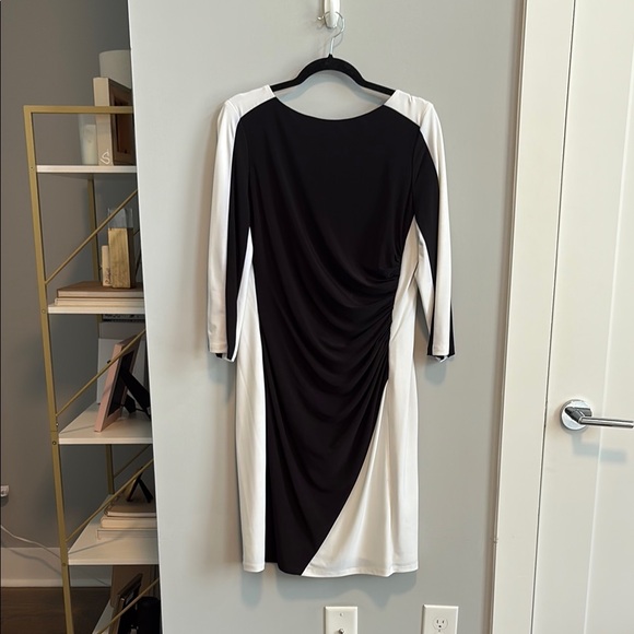 Ralph Lauren Black and White Asymmetrical Ruched Sheath Dress - Picture 1 of 4